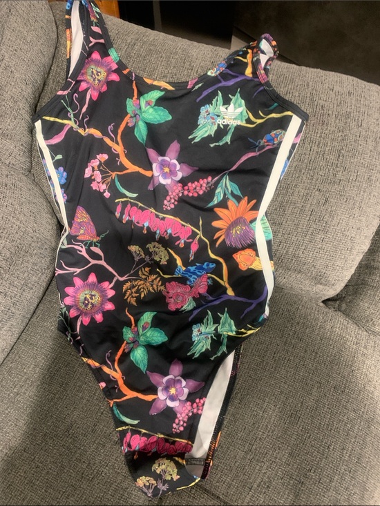 adidas Tops - **NWT**adidas Black Floral Print sexy body suit with White Piping
